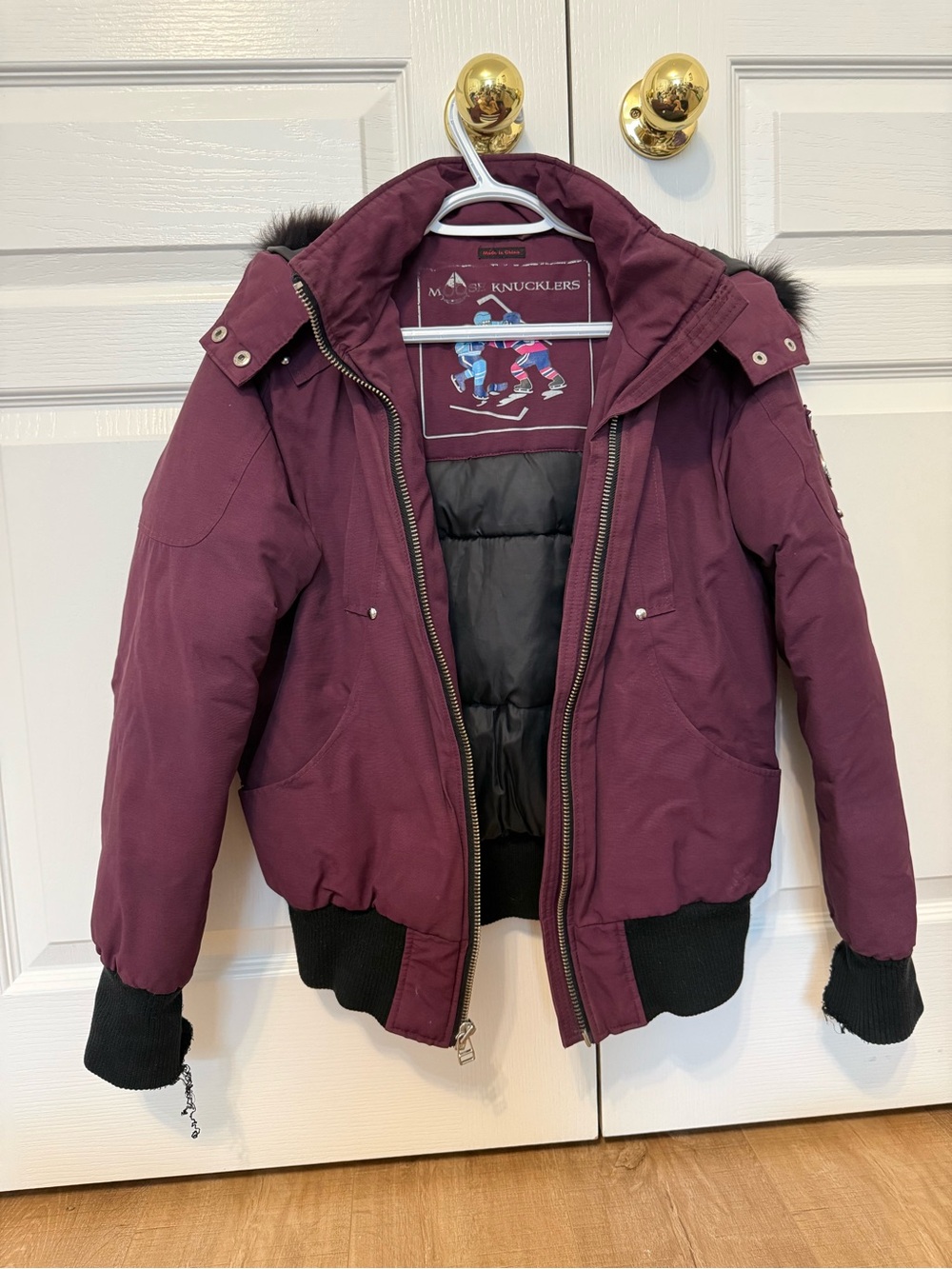 Moose Knuckles Burgundy Fur-Trim Bomber Jacket | Youth 16 / Petite XS